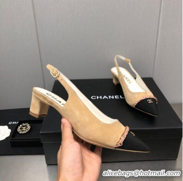 Sophisticated Chanel Suede & Grosgrain Slingback Pumps 4.5cm with Chain G39643 Beige 022269