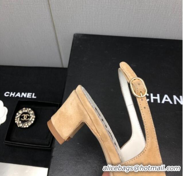 Sophisticated Chanel Suede & Grosgrain Slingback Pumps 4.5cm with Chain G39643 Beige 022269