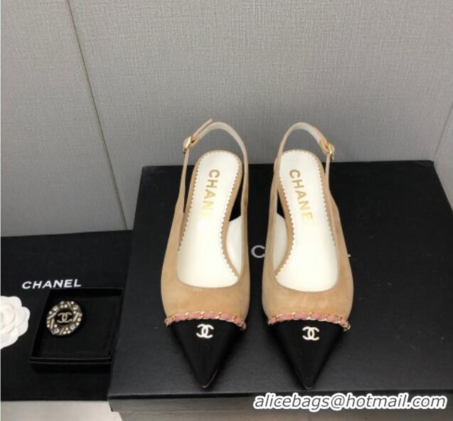 Sophisticated Chanel Suede & Grosgrain Slingback Pumps 4.5cm with Chain G39643 Beige 022269