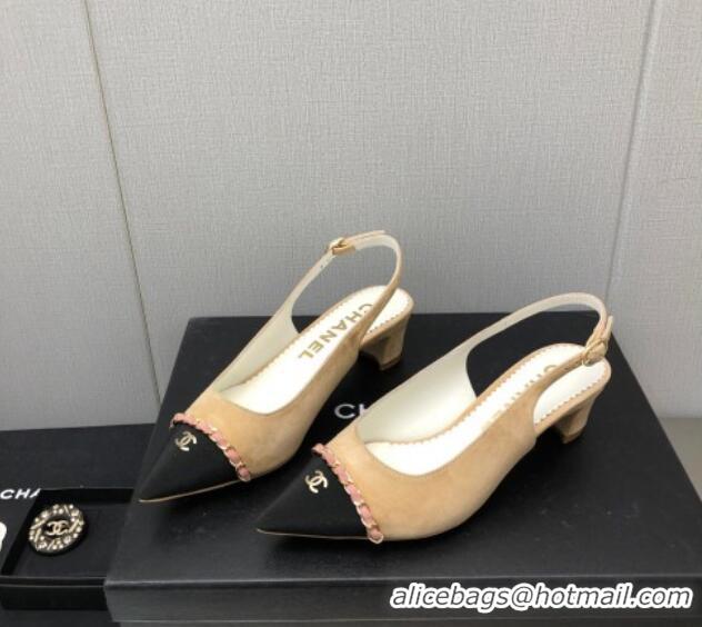 Sophisticated Chanel Suede & Grosgrain Slingback Pumps 4.5cm with Chain G39643 Beige 022269