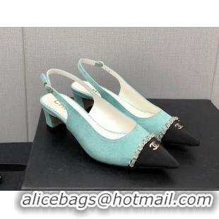 Grade Quality Chanel Suede & Grosgrain Slingback Pumps 4.5cm with Chain G39643 Light Green 022270