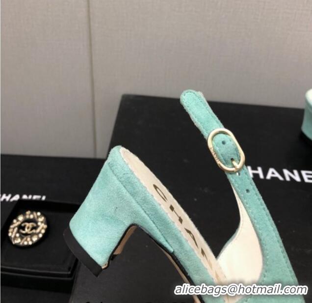 Grade Quality Chanel Suede & Grosgrain Slingback Pumps 4.5cm with Chain G39643 Light Green 022270