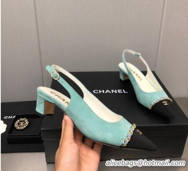 Grade Quality Chanel Suede & Grosgrain Slingback Pumps 4.5cm with Chain G39643 Light Green 022270