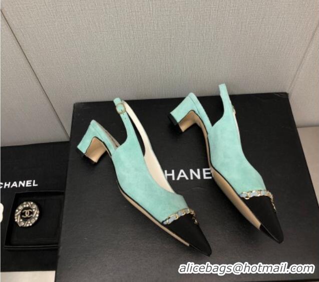 Grade Quality Chanel Suede & Grosgrain Slingback Pumps 4.5cm with Chain G39643 Light Green 022270