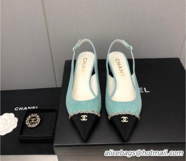 Grade Quality Chanel Suede & Grosgrain Slingback Pumps 4.5cm with Chain G39643 Light Green 022270