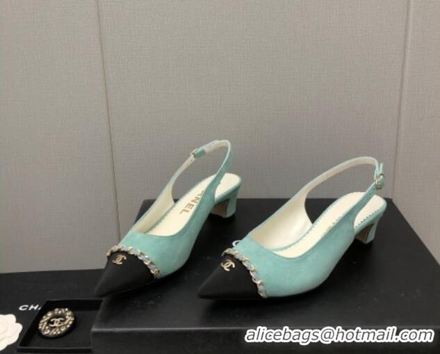 Grade Quality Chanel Suede & Grosgrain Slingback Pumps 4.5cm with Chain G39643 Light Green 022270