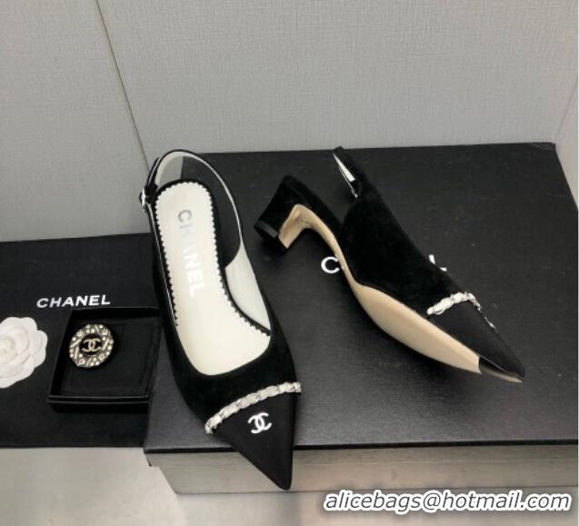 Classic Hot Chanel Suede & Grosgrain Slingback Pumps 4.5cm with Chain G39643 Black 022271