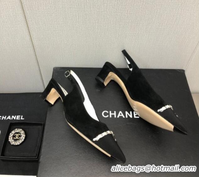 Classic Hot Chanel Suede & Grosgrain Slingback Pumps 4.5cm with Chain G39643 Black 022271