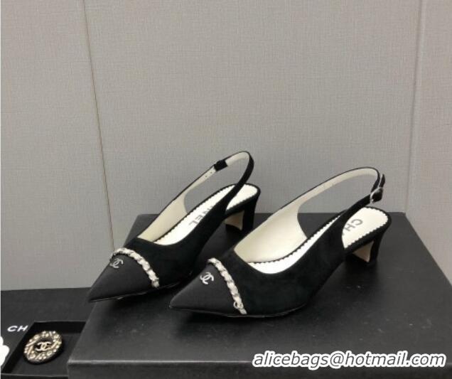 Classic Hot Chanel Suede & Grosgrain Slingback Pumps 4.5cm with Chain G39643 Black 022271