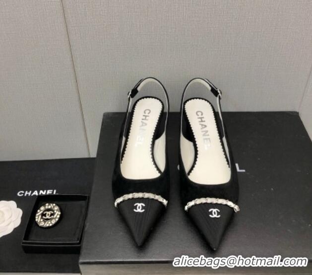 Classic Hot Chanel Suede & Grosgrain Slingback Pumps 4.5cm with Chain G39643 Black 022271