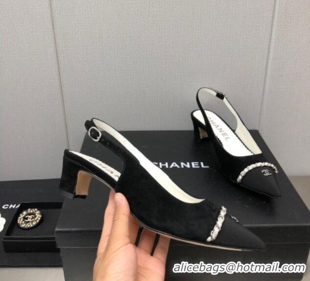 Classic Hot Chanel Suede & Grosgrain Slingback Pumps 4.5cm with Chain G39643 Black 022271