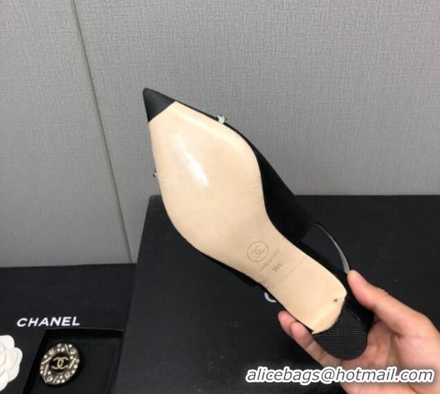 Classic Hot Chanel Suede & Grosgrain Slingback Pumps 4.5cm with Chain G39643 Black 022271