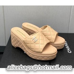 Best Grade Chanel Quilted Leather Wedge Platform Slide Sandals Beige 022272