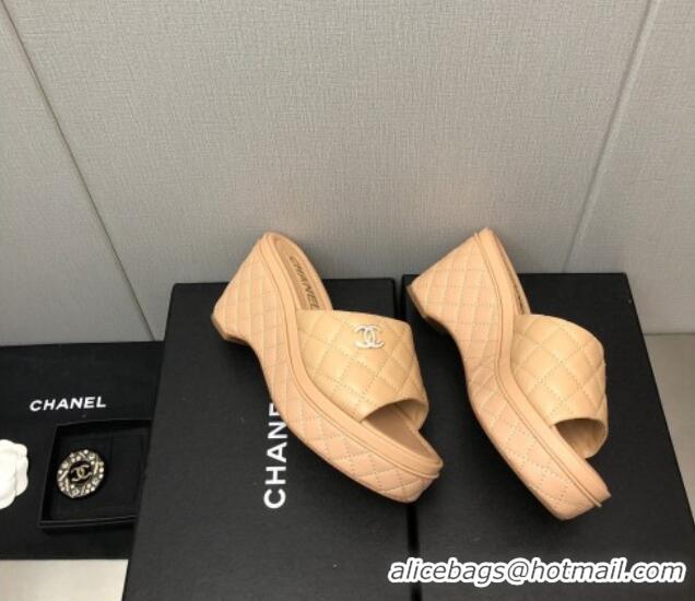 Best Grade Chanel Quilted Leather Wedge Platform Slide Sandals Beige 022272