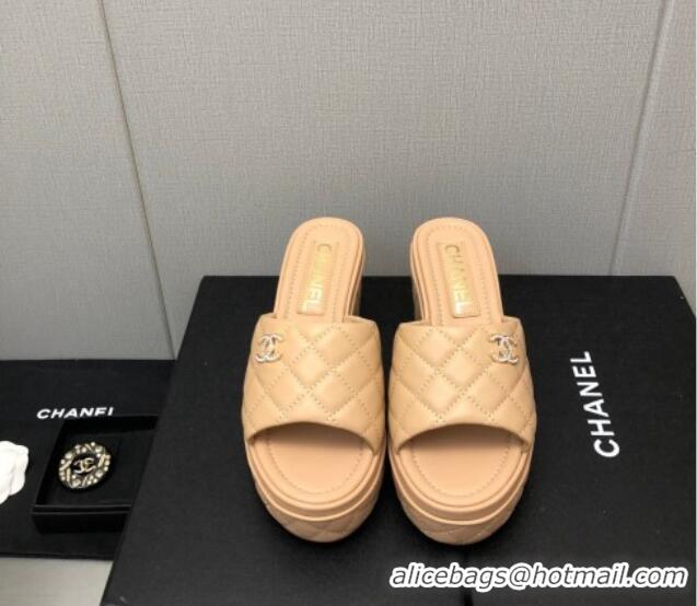 Best Grade Chanel Quilted Leather Wedge Platform Slide Sandals Beige 022272