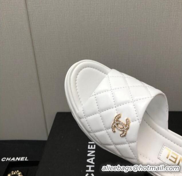 Top Grade Chanel Quilted Leather Wedge Platform Slide Sandals White 022273