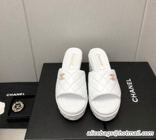 Top Grade Chanel Quilted Leather Wedge Platform Slide Sandals White 022273