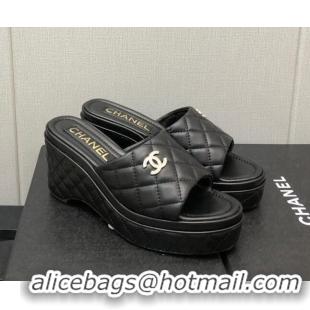 Perfect Chanel Quilted Leather Wedge Platform Slide Sandals Black 022274