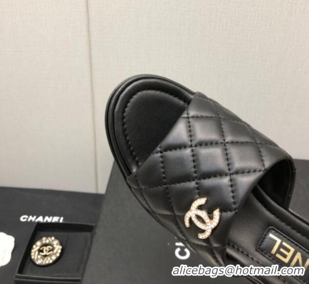 Perfect Chanel Quilted Leather Wedge Platform Slide Sandals Black 022274