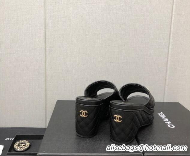 Perfect Chanel Quilted Leather Wedge Platform Slide Sandals Black 022274