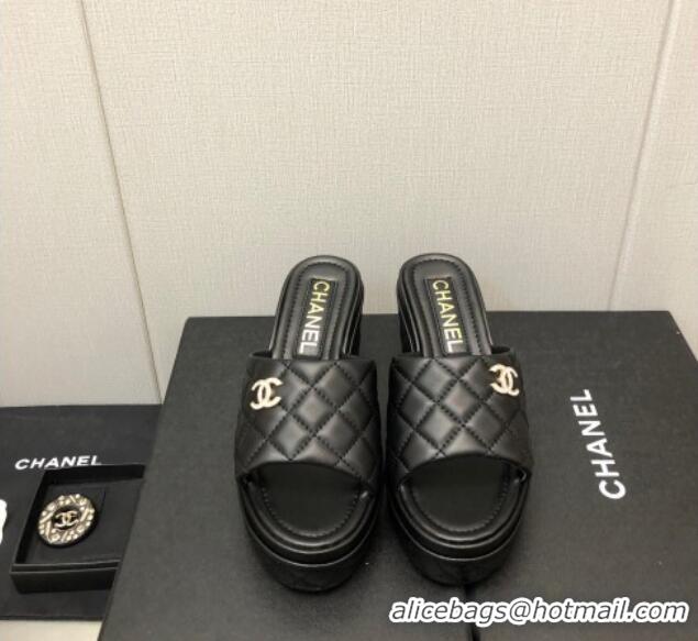 Perfect Chanel Quilted Leather Wedge Platform Slide Sandals Black 022274