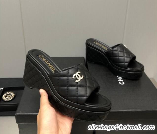 Perfect Chanel Quilted Leather Wedge Platform Slide Sandals Black 022274