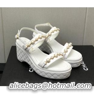 Stylish Chanel Leather Wedge Platform Sandals with Pearls Charm White 022275