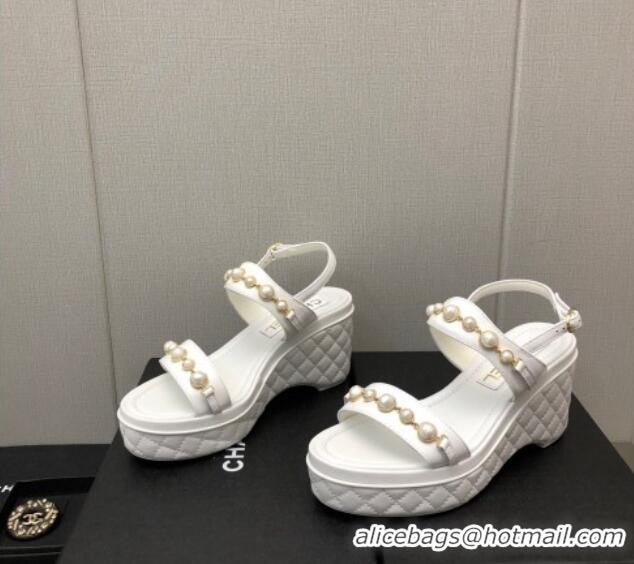 Stylish Chanel Leather Wedge Platform Sandals with Pearls Charm White 022275