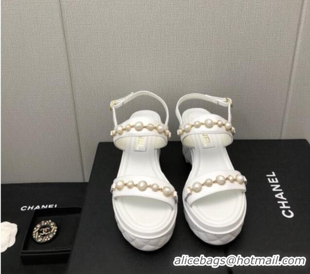 Stylish Chanel Leather Wedge Platform Sandals with Pearls Charm White 022275