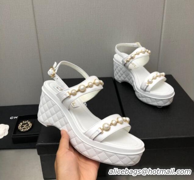 Stylish Chanel Leather Wedge Platform Sandals with Pearls Charm White 022275