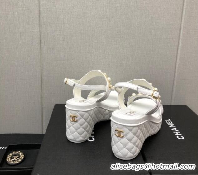 Stylish Chanel Leather Wedge Platform Sandals with Pearls Charm White 022275