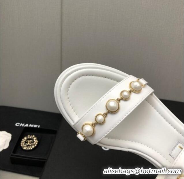 Stylish Chanel Leather Wedge Platform Sandals with Pearls Charm White 022275