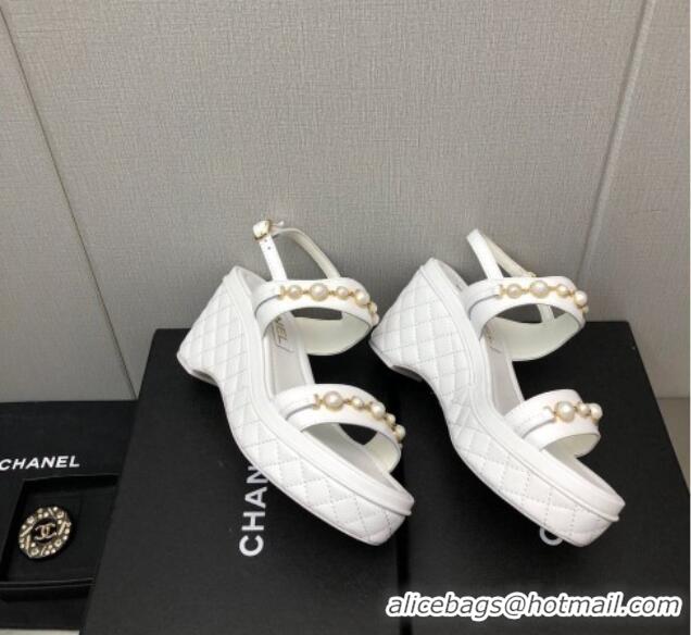 Stylish Chanel Leather Wedge Platform Sandals with Pearls Charm White 022275