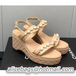 Fashion Luxury Chanel Leather Wedge Platform Sandals with Pearls Charm Beige 022276