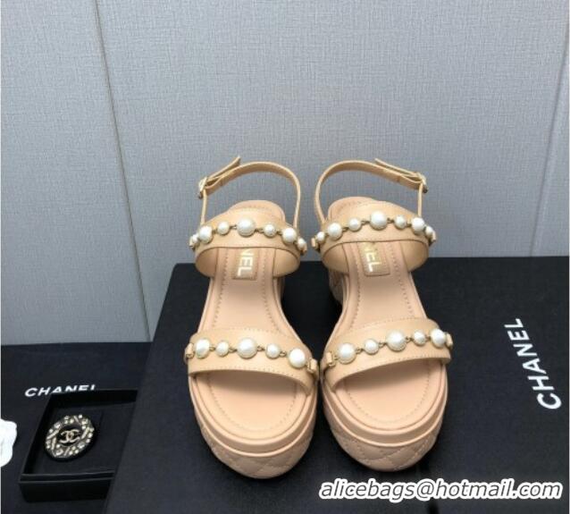 Fashion Luxury Chanel Leather Wedge Platform Sandals with Pearls Charm Beige 022276