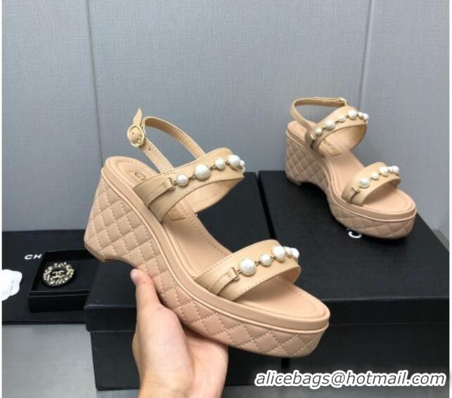 Fashion Luxury Chanel Leather Wedge Platform Sandals with Pearls Charm Beige 022276