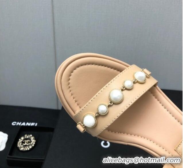 Fashion Luxury Chanel Leather Wedge Platform Sandals with Pearls Charm Beige 022276