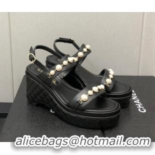 Fashion Chanel Leather Wedge Platform Sandals with Pearls Charm Black 022277