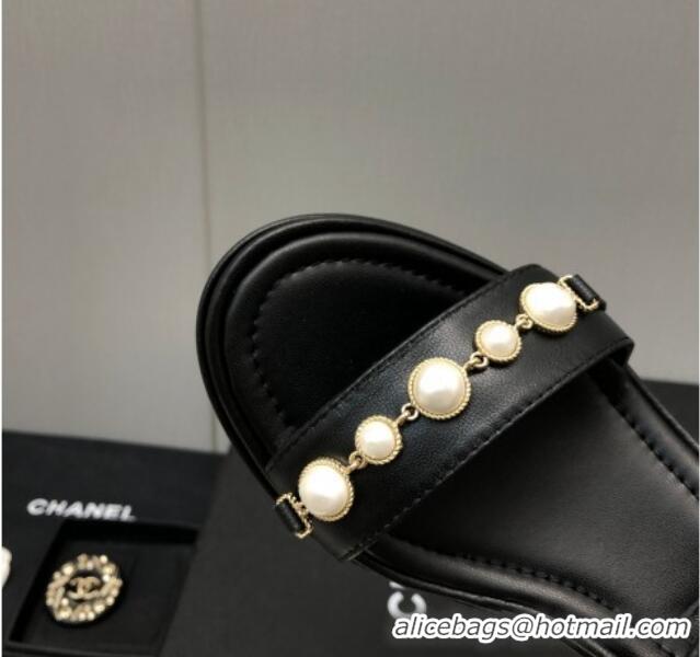 Fashion Chanel Leather Wedge Platform Sandals with Pearls Charm Black 022277