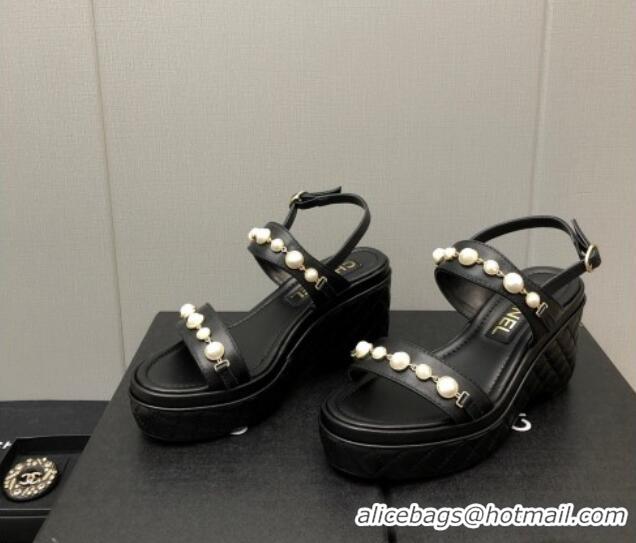 Fashion Chanel Leather Wedge Platform Sandals with Pearls Charm Black 022277