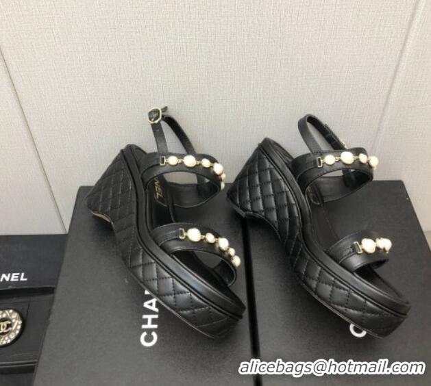 Fashion Chanel Leather Wedge Platform Sandals with Pearls Charm Black 022277