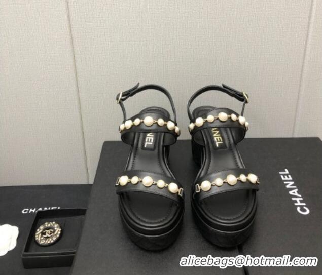 Fashion Chanel Leather Wedge Platform Sandals with Pearls Charm Black 022277