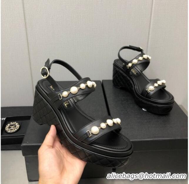 Fashion Chanel Leather Wedge Platform Sandals with Pearls Charm Black 022277