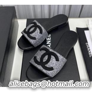 Best Product Chanel CC Glitter Flat Slide Sandals Silver/Black 022278