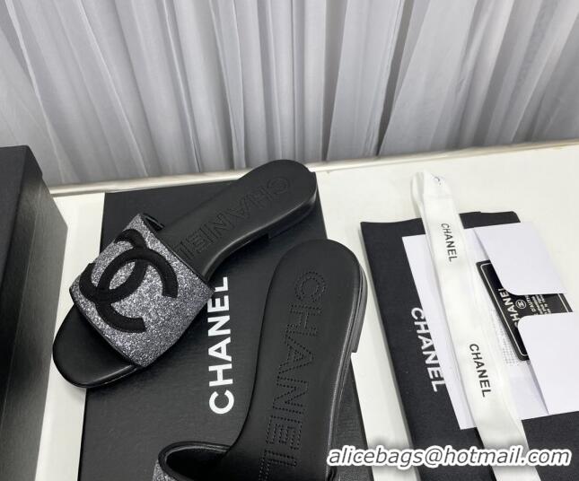 Best Product Chanel CC Glitter Flat Slide Sandals Silver/Black 022278