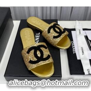 Pretty Style Chanel CC Glitter Flat Slide Sandals Gold/Black 022279