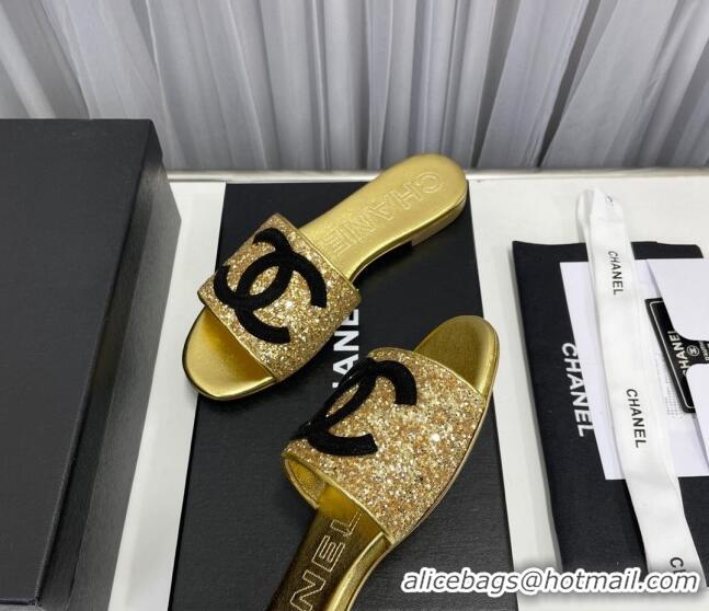 Pretty Style Chanel CC Glitter Flat Slide Sandals Gold/Black 022279