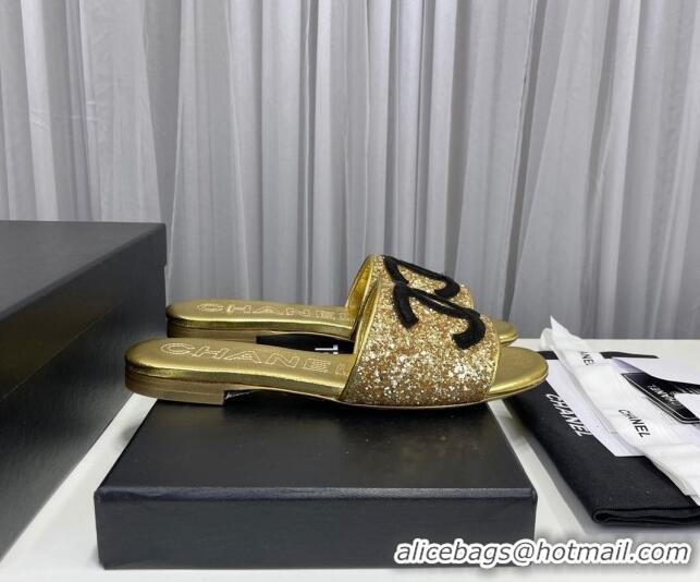 Pretty Style Chanel CC Glitter Flat Slide Sandals Gold/Black 022279