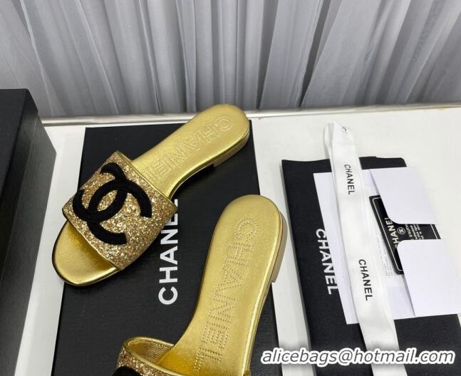 Pretty Style Chanel CC Glitter Flat Slide Sandals Gold/Black 022279