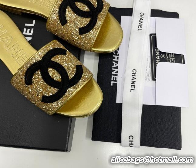 Pretty Style Chanel CC Glitter Flat Slide Sandals Gold/Black 022279